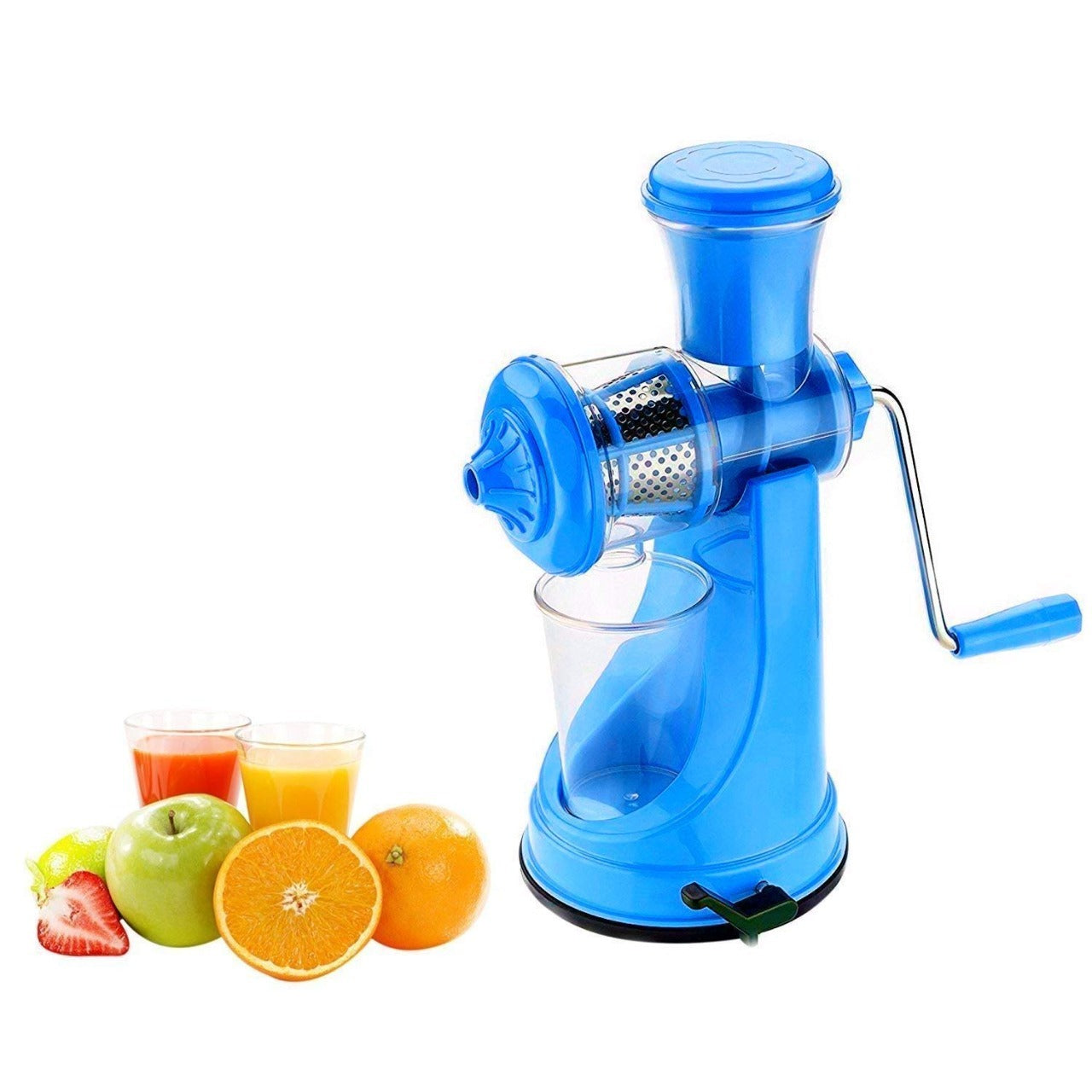 Side view of manual juicer with strainer and multicolor accents