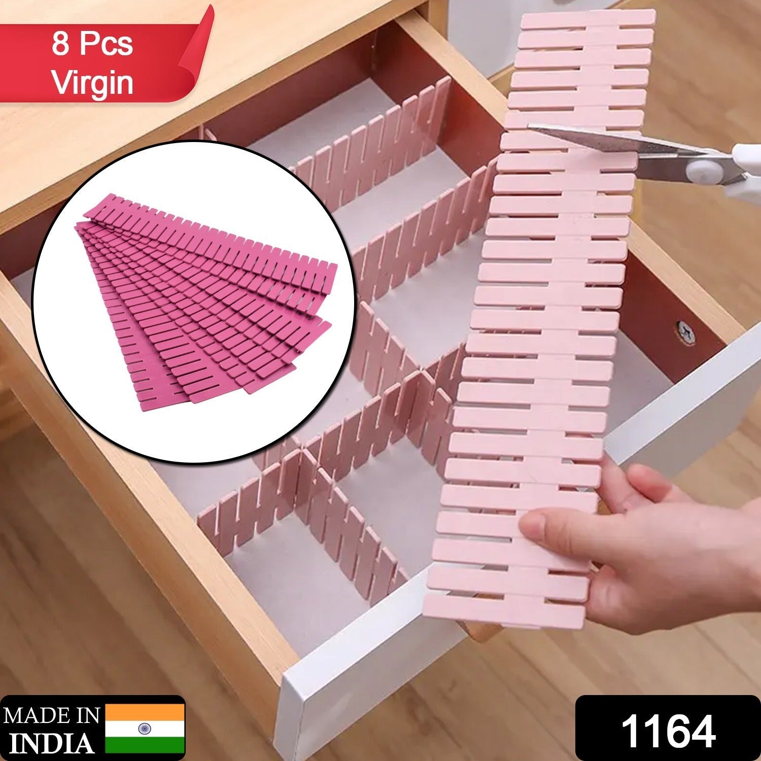 Plastic drawer dividers with adjustable grid, ideal for organizing kitchen and home drawers.