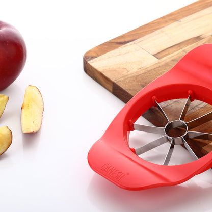 Ganesh apple cutter, plastic and stainless steel, available in various colors.