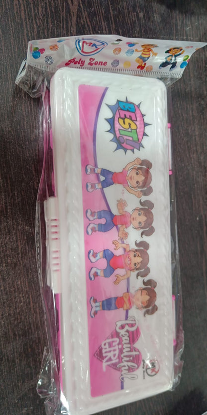 Pencil box with double deck and cartoon print, multipurpose for kids