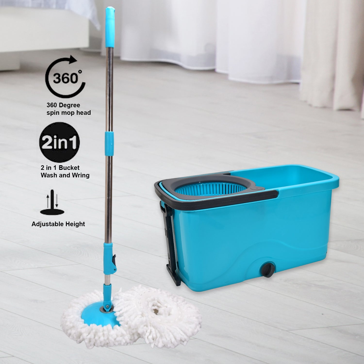 Spin mop with wheels and large bucket