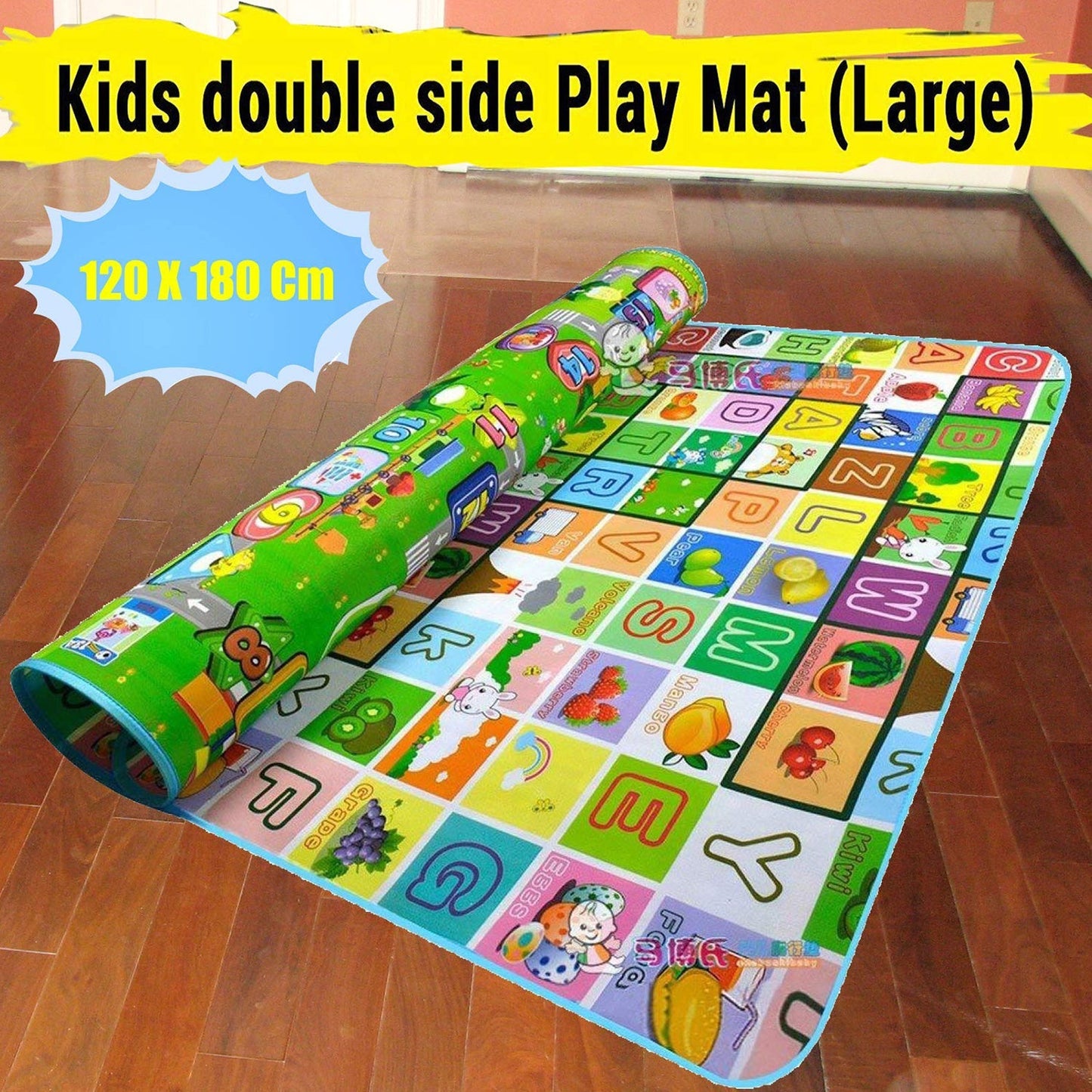 Baby play mat with waterproof surface, double-sided design, and included bag, 120 x 180 cm