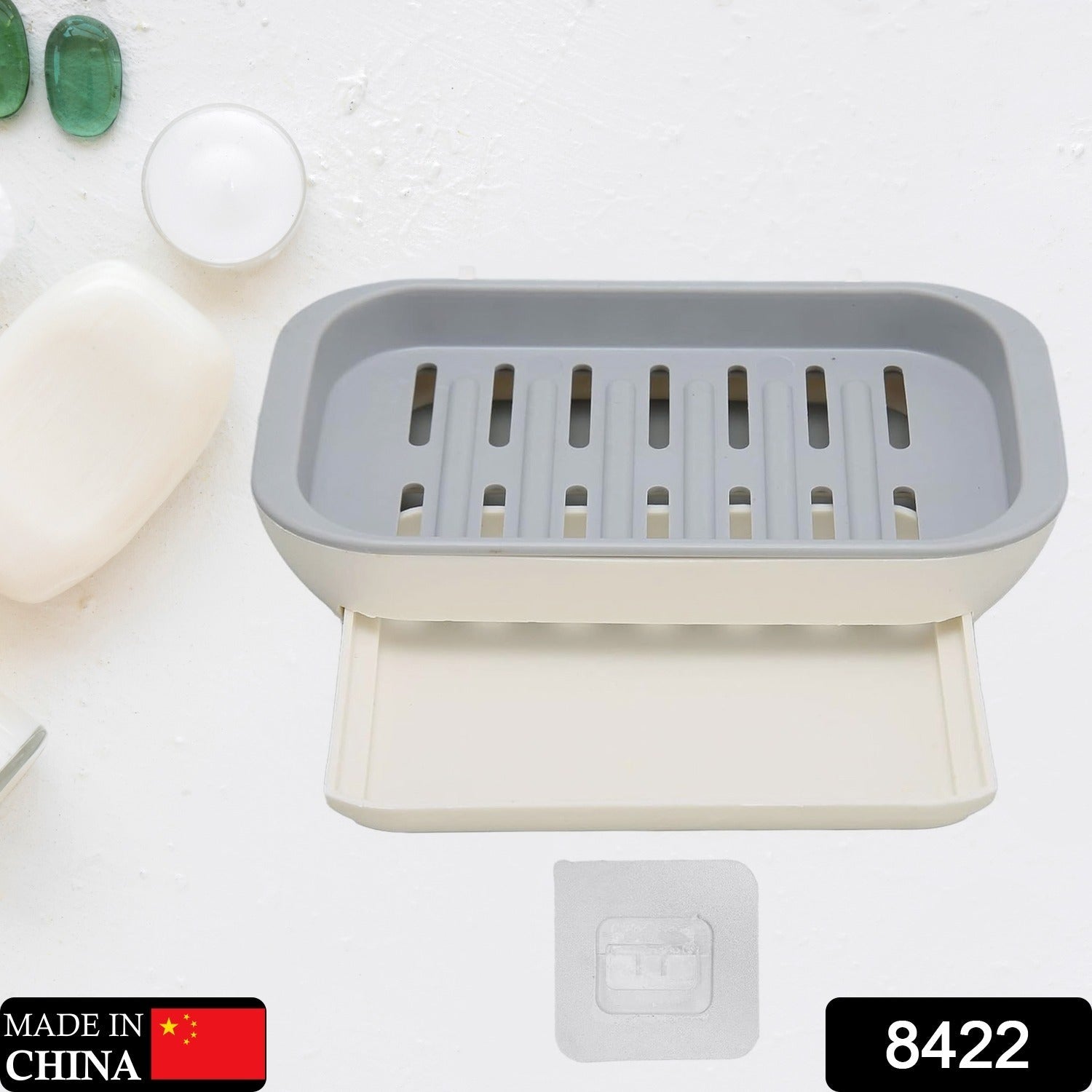 Soap case with drainage, adhesive tray for bathroom use