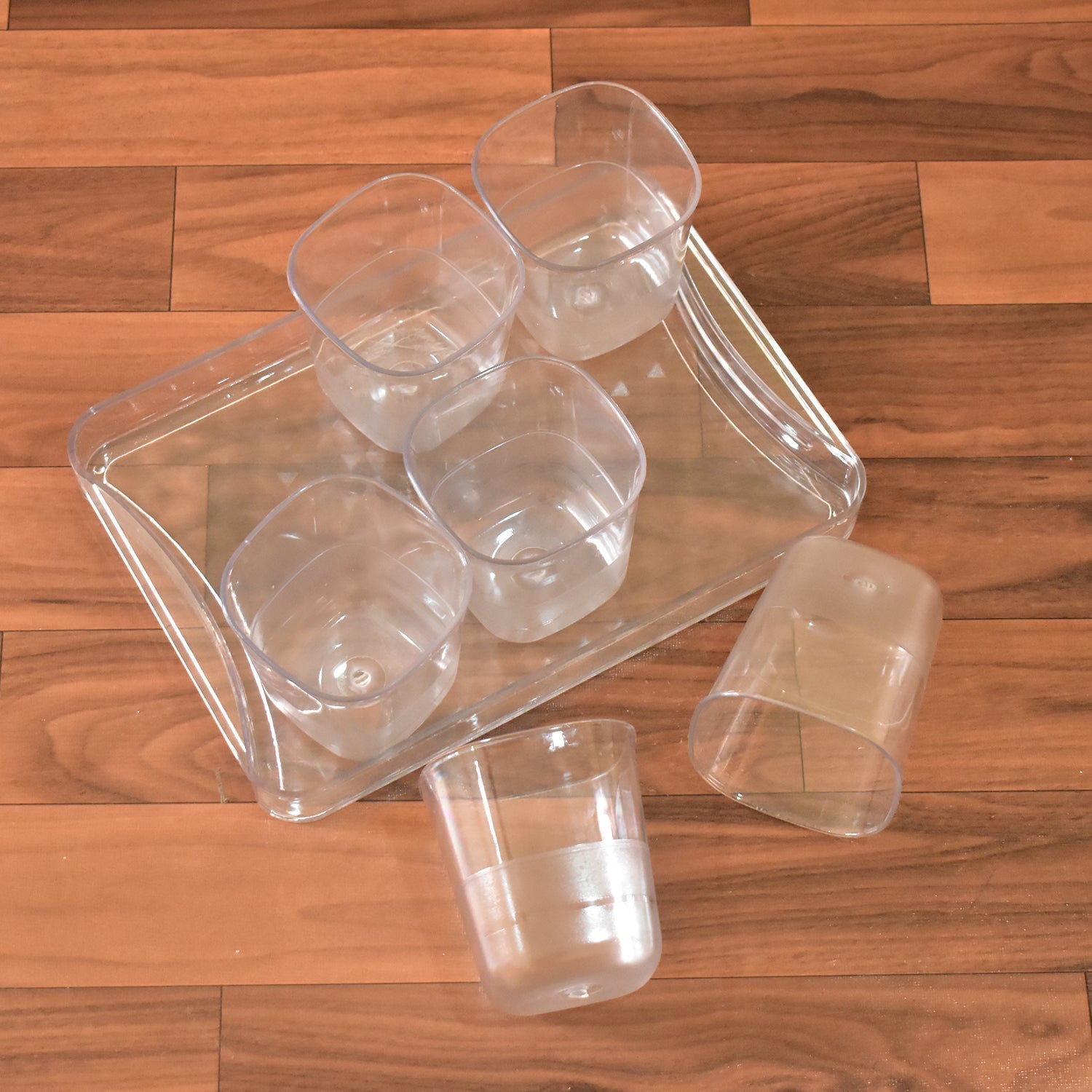 Plastic glasses set with tray, includes various types of glasses.