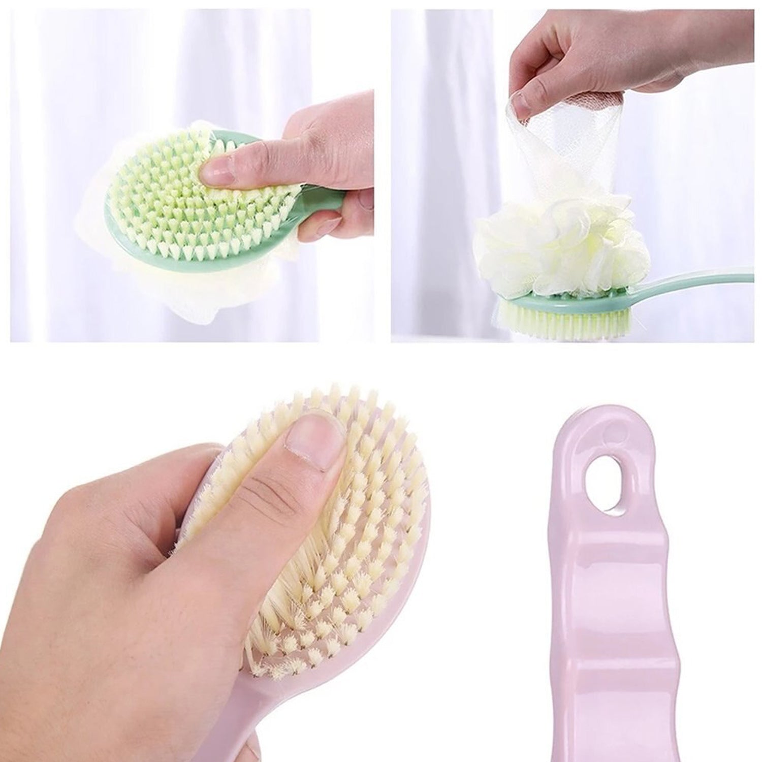 Bath brush with extended handle, 2-in-1 design for convenience.