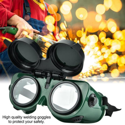 Protective welding goggles in dark green, large size.