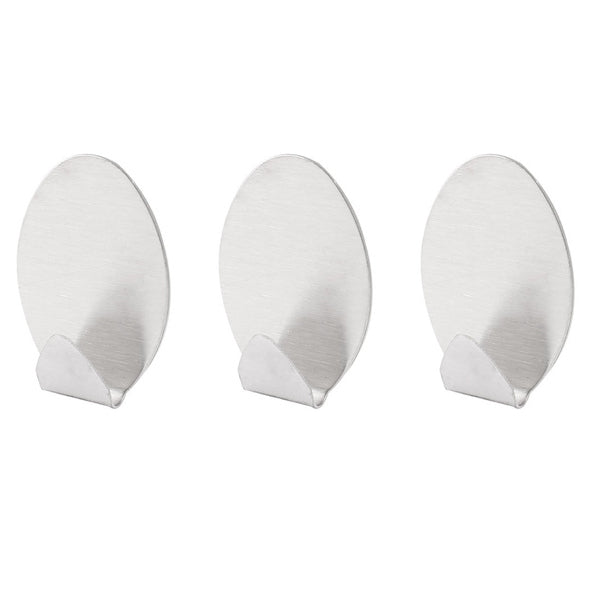 Self-adhesive wall hooks, pack of 3, strong hold.