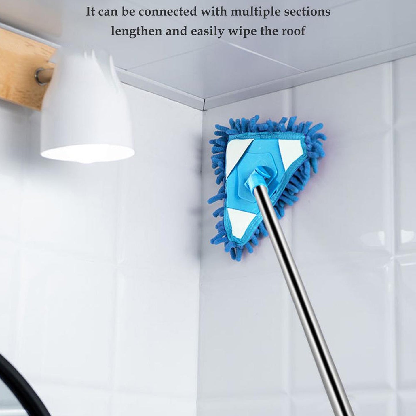 Versatile triangle mop with adjustable handle for cleaning both wet and dry surfaces.