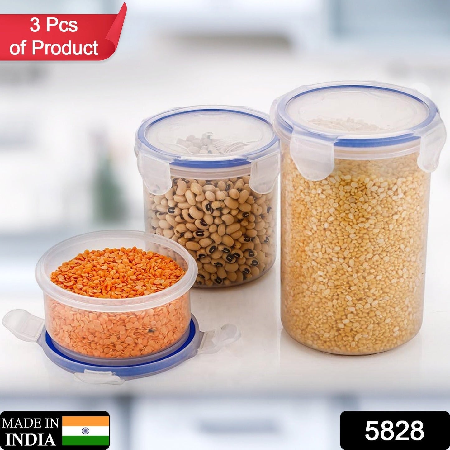 Set of three round food storage jars with airtight seals, suitable for various food items.