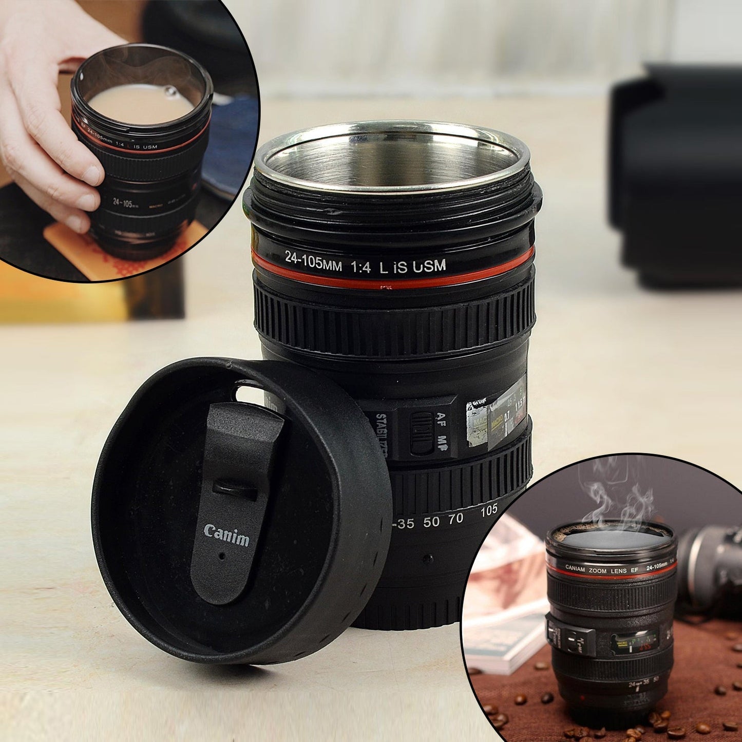 Plastic camera lens coffee mug made from stainless steel, featuring a detailed and realistic design