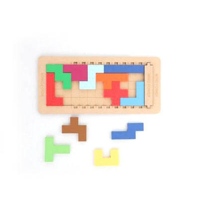 Wooden mind game set with multiple components for stimulating children's minds.