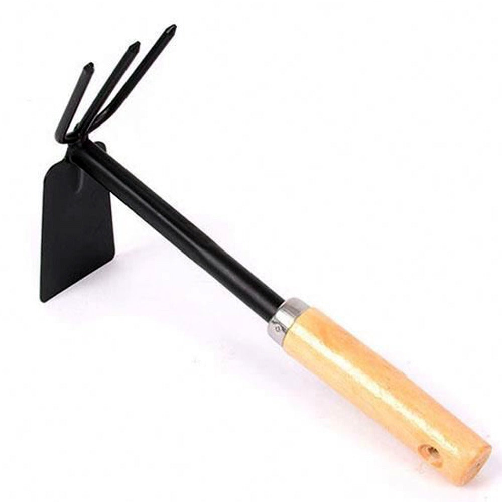 Gardening tool with double hoe ends and wooden handle.