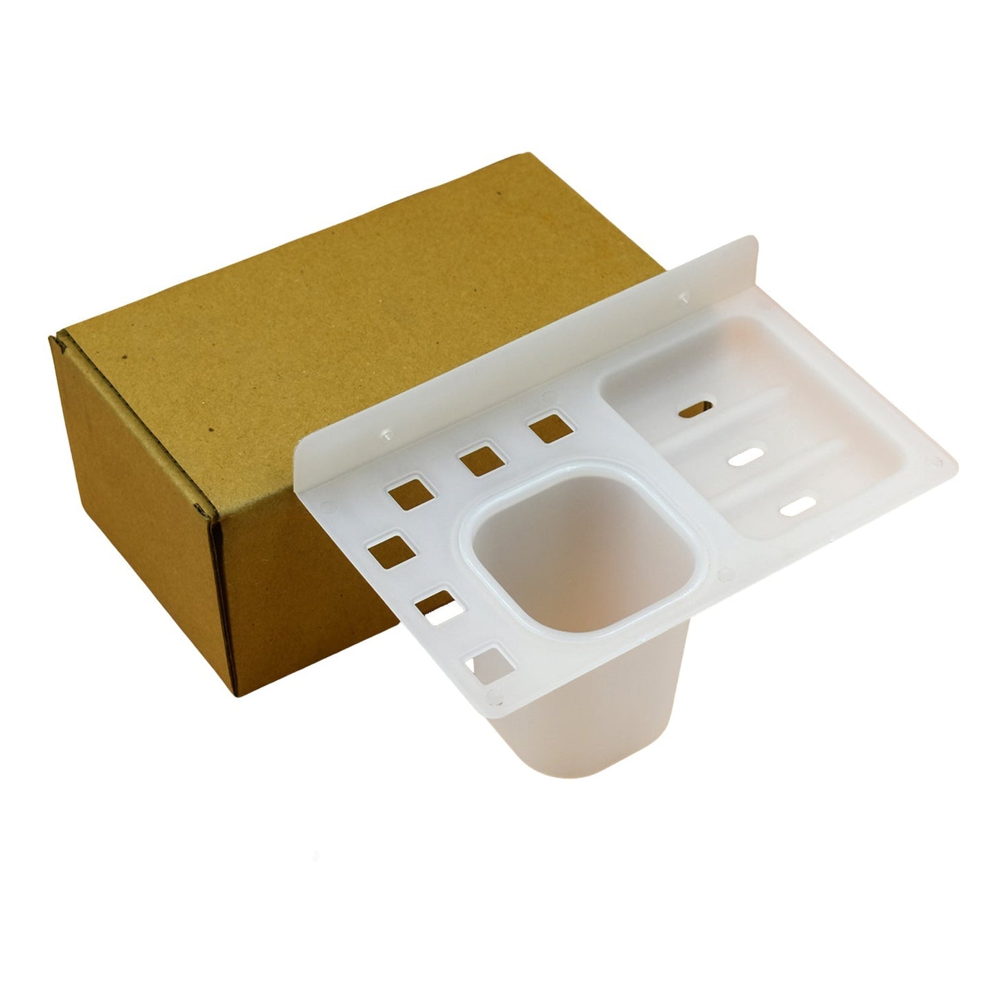 Multi-functional plastic soap dish with a tray for both bathroom and kitchen applications.