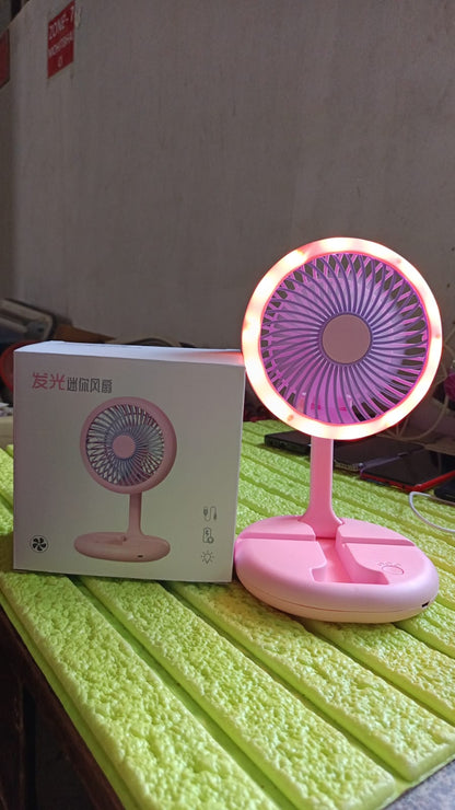 USB Rechargeable Portable Fan With LED Light Heavy Duty & Foldable Fan With Charging Port Home, Outdoor, Temple