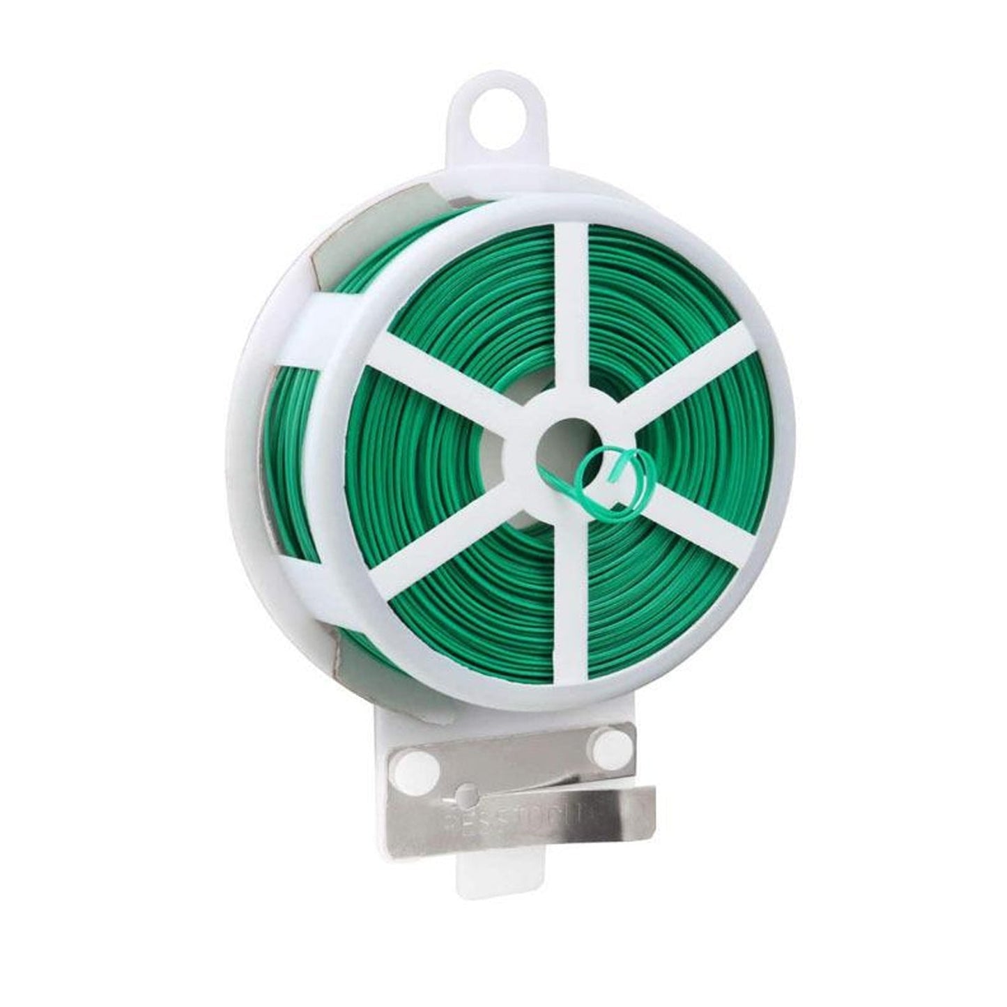 Green garden wire spool with cutter for securing plants.