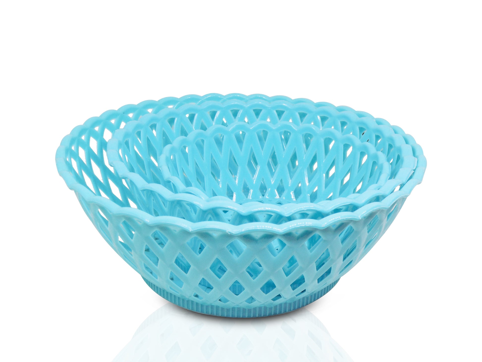 Set of three round plastic baskets for storage and organization.