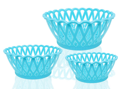 Set of three round plastic storage baskets for various uses.