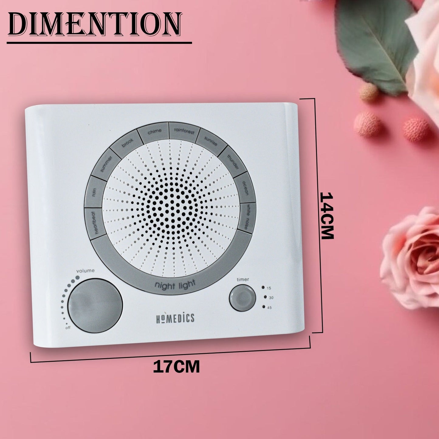 Top view of sleep therapy machine with sounds and timer settings.