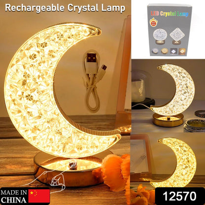 Crystal Table Lamp | Moon Shape Touch Control Lamp with 3 Color | Metal Bedside Lamp for Kids Bedroom Romantic Desktop Nightstand | Stepless Dimming USB Charging Touch Night Light