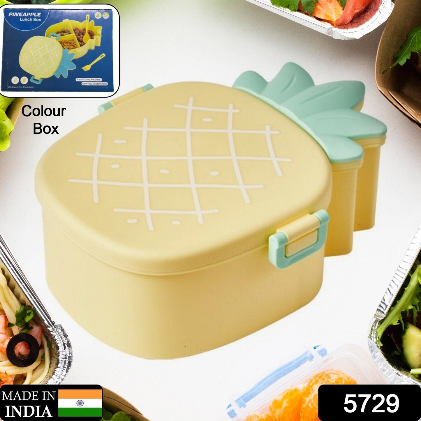 Kids Lunch Box Cute Pineapple Shaped Bento Box with Fork Spoon Snack Container Microwave Portable Office Lunch Box (1 Pc / With Spoon, Fork & Color Box)