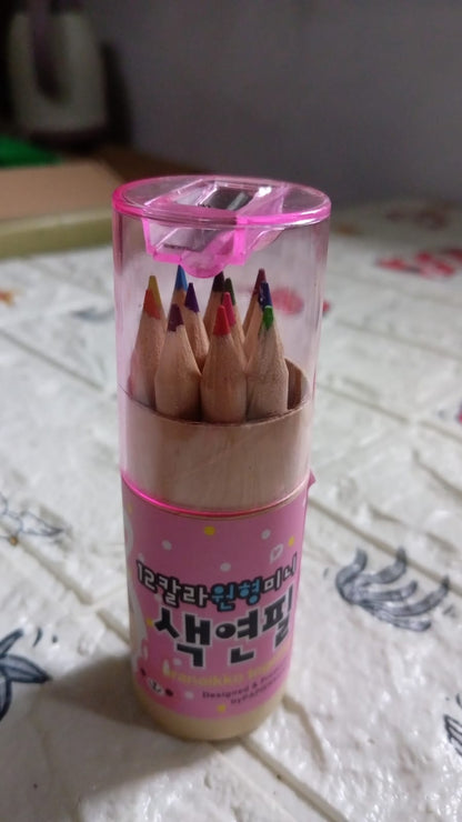 Kids art supplies with colored pencils and sharpener